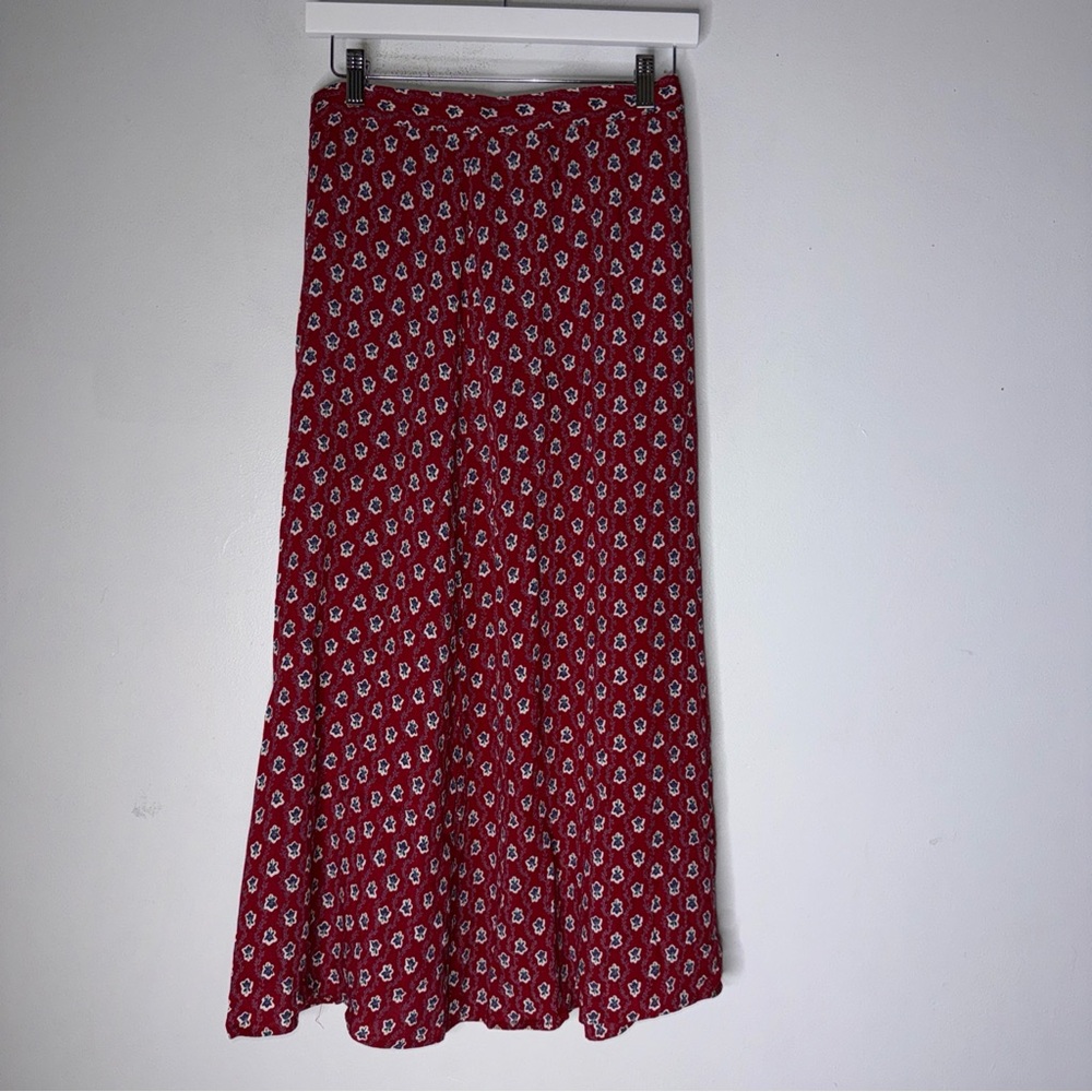 Vintage LL Bean Red Floral Maxi Wrap Skirt Rayon Large USA